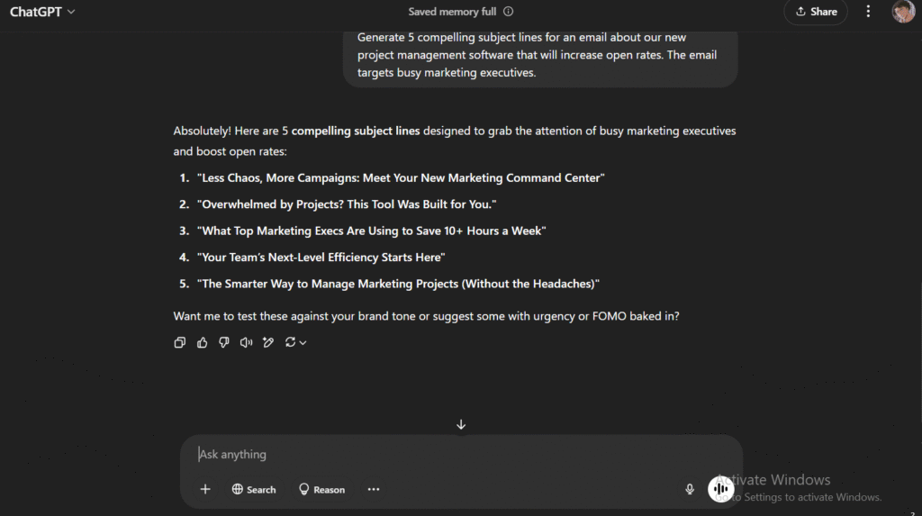 chatgpt productivity tips for subject lines