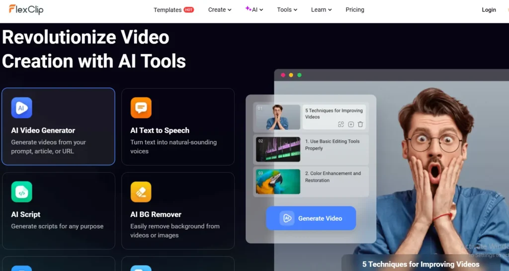 flexclip main page ai video generators