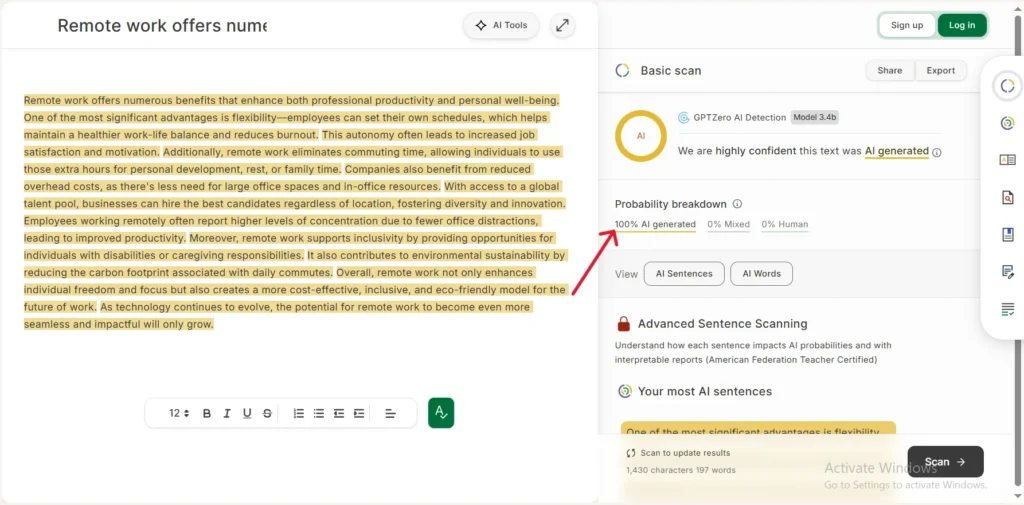 sample text ai detection result